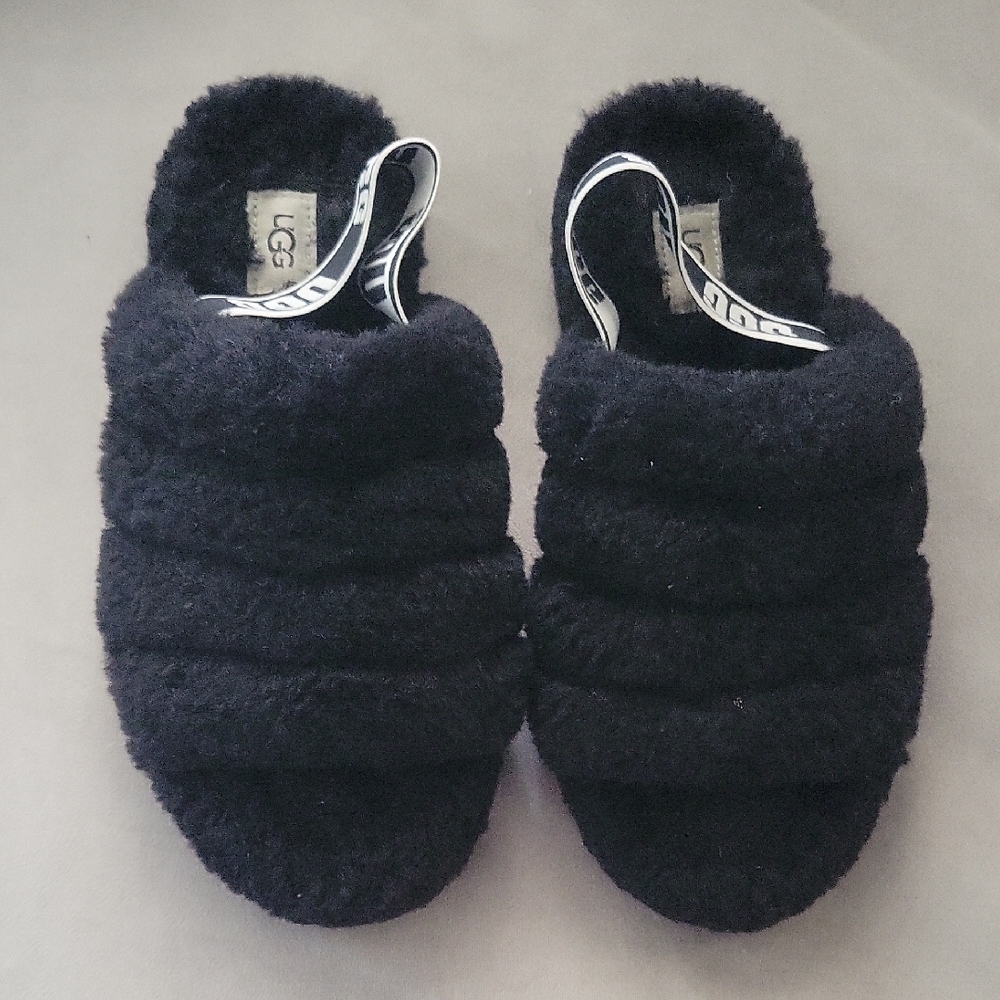UGG Plush Black Slide Slippers